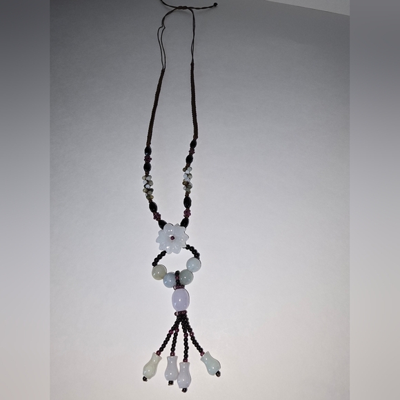 Carved Jadeite Jade  Flower Necklace Silk Rope Lots of Other Details Jade - Picture 3 of 16